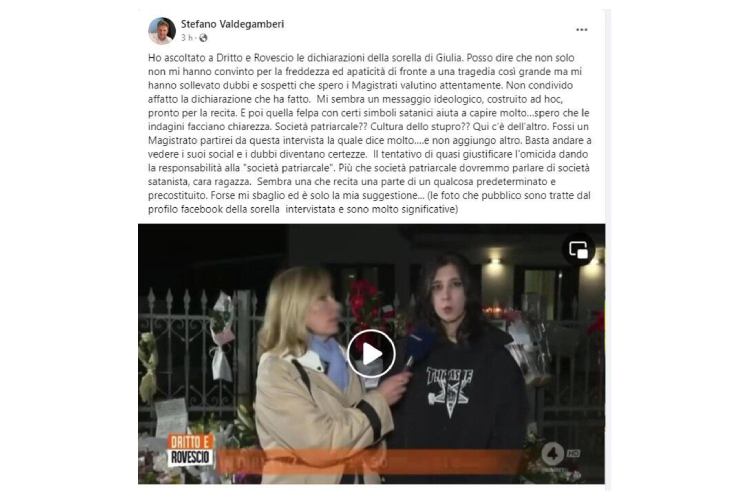Post Facebook di Stefano Valdegamberi su Giulia Cecchettin